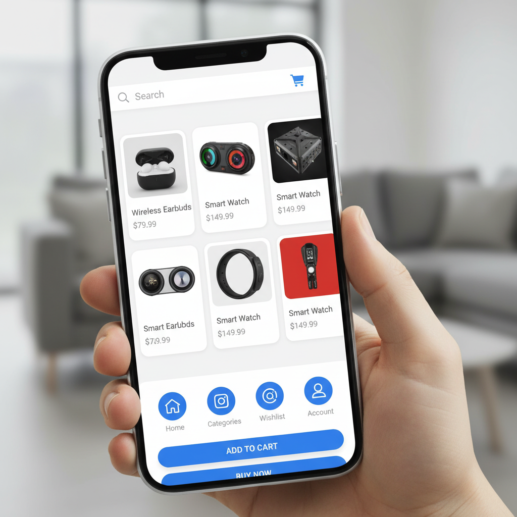 Person shopping on smartphone showing mobile e-commerce interface with product browsing