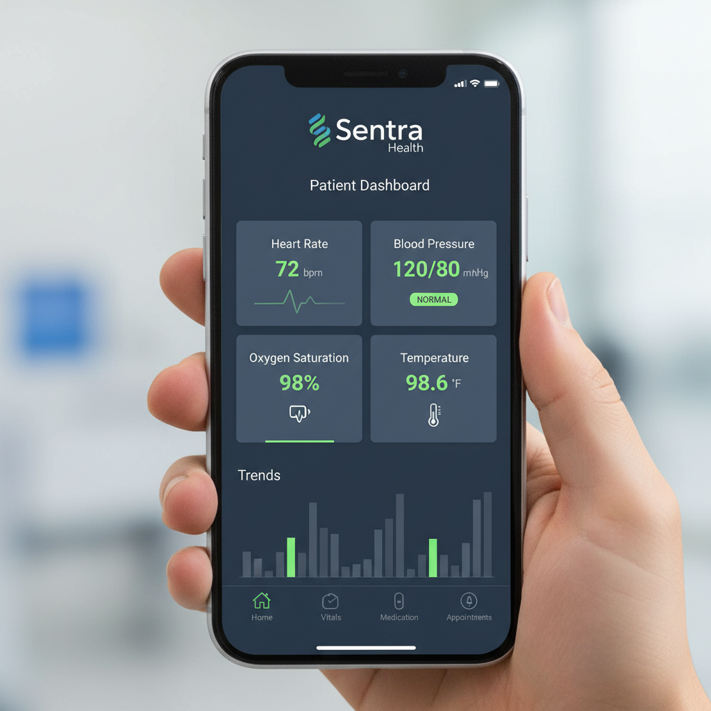 Vitals Health mobile app showing patient dashboard and appointment booking interface