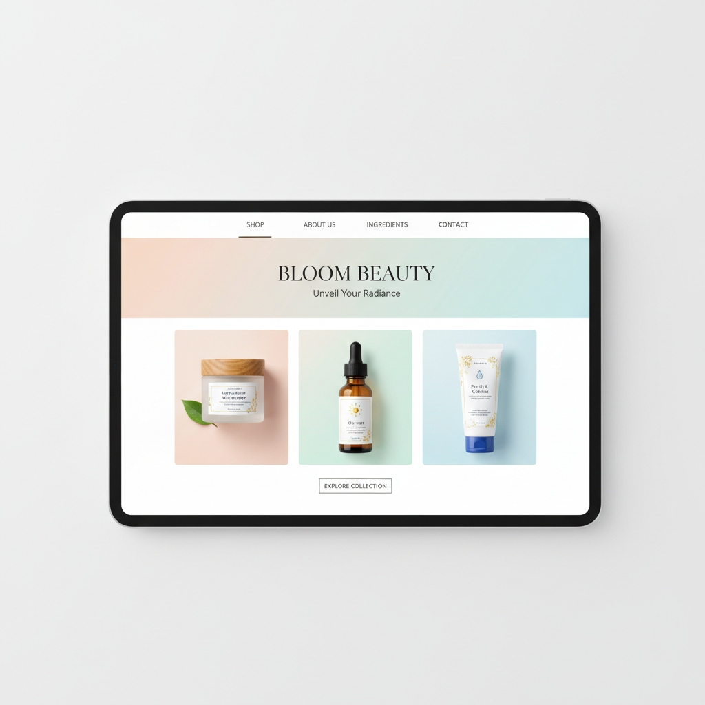 Bloom Beauty homepage with featured products and hero banner