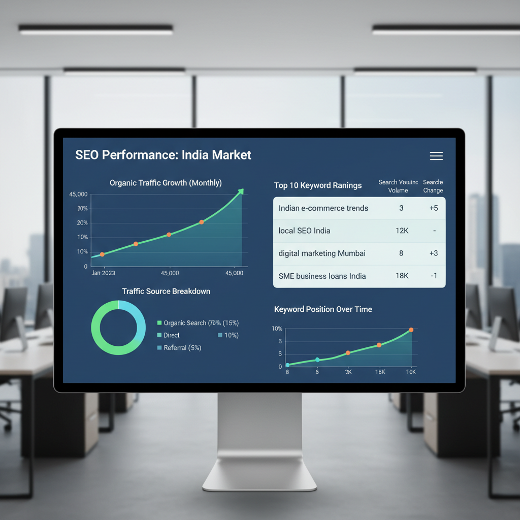 SEO analytics dashboard showing search rankings and organic traffic trends
