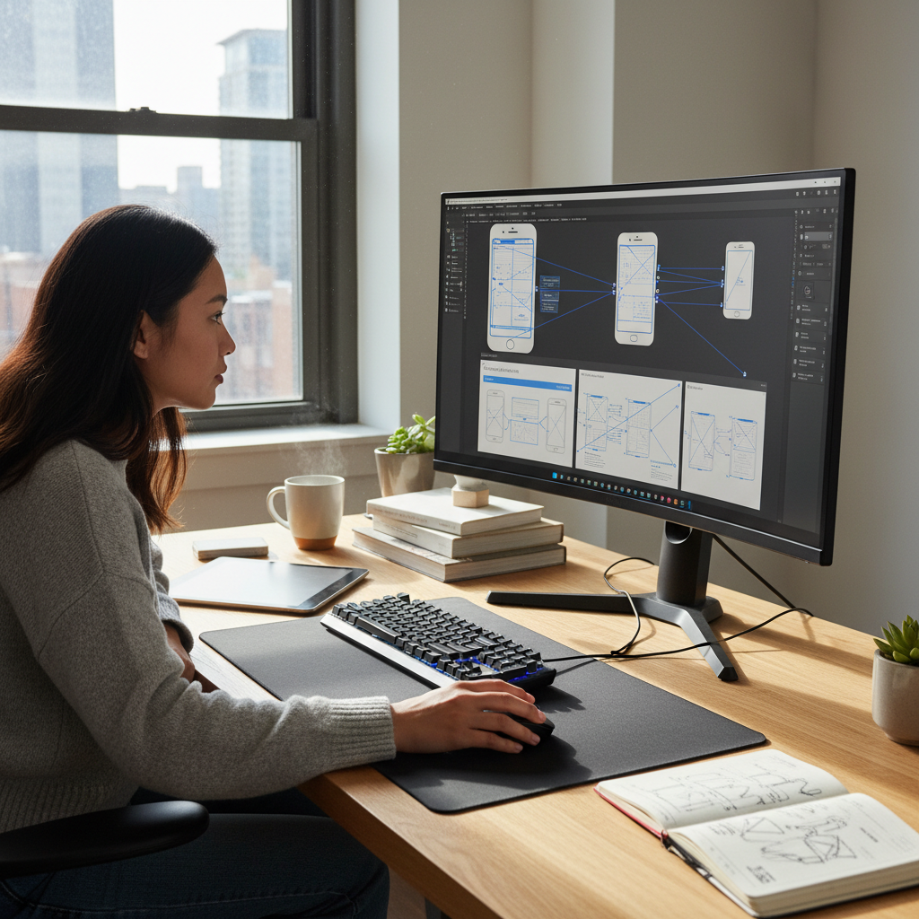 UI/UX design workspace showing wireframes, design system components, and user flow diagrams