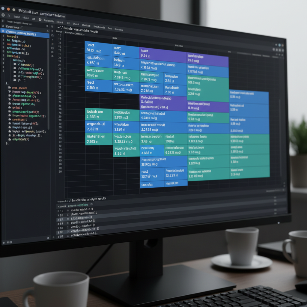 Code editor showing JavaScript bundle analysis with large dependency sizes