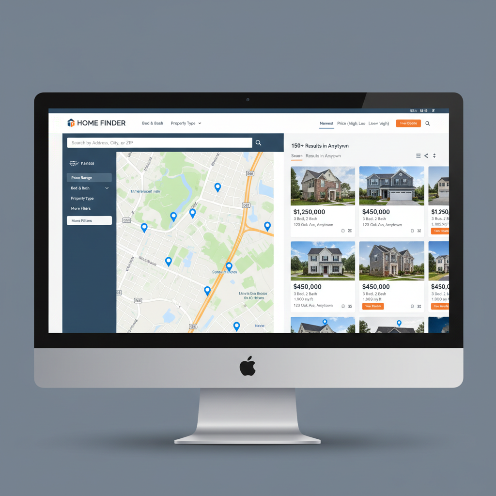 Terra Real Estate property listing page with map view and property cards