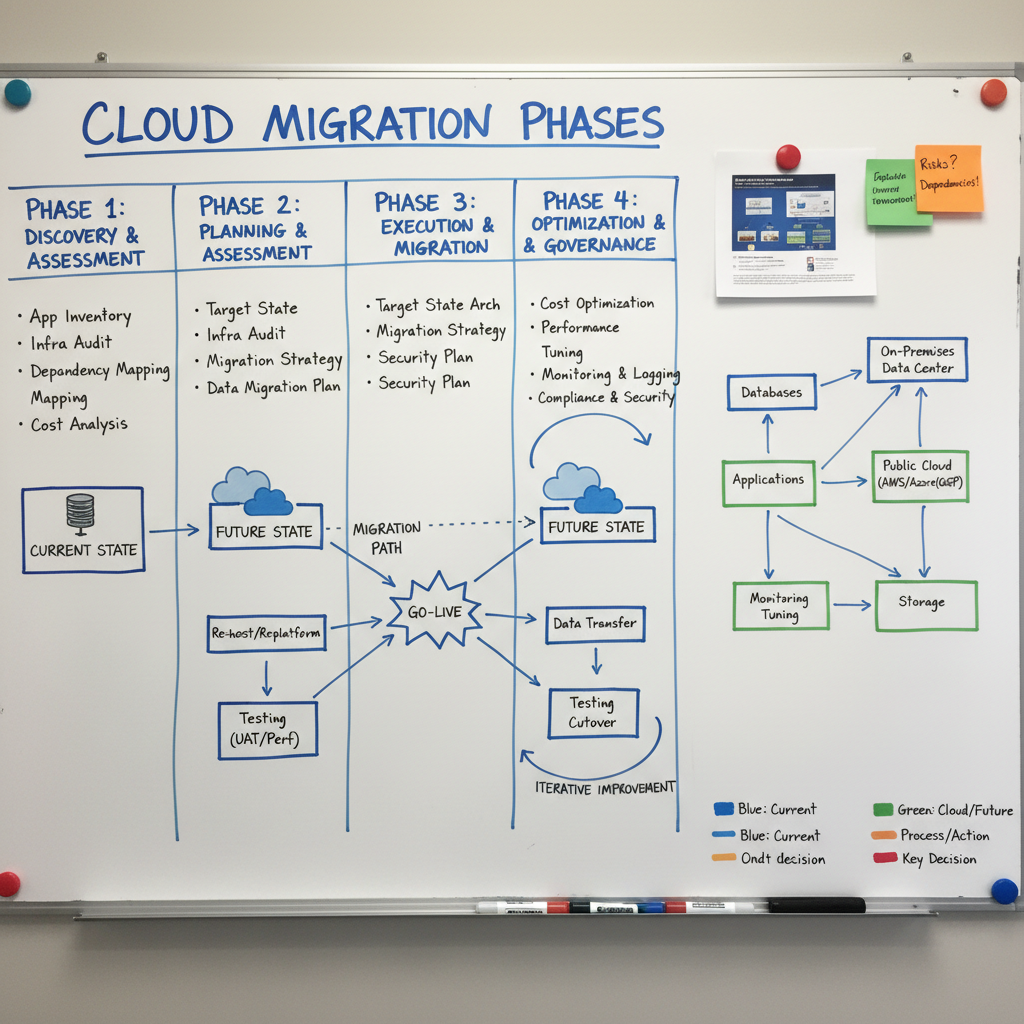 Project planning and architecture diagram on whiteboard showing migration phases