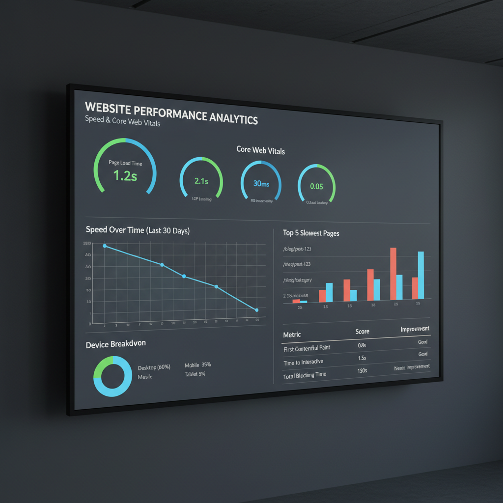 Web performance analytics dashboard showing Core Web Vitals metrics on a monitor