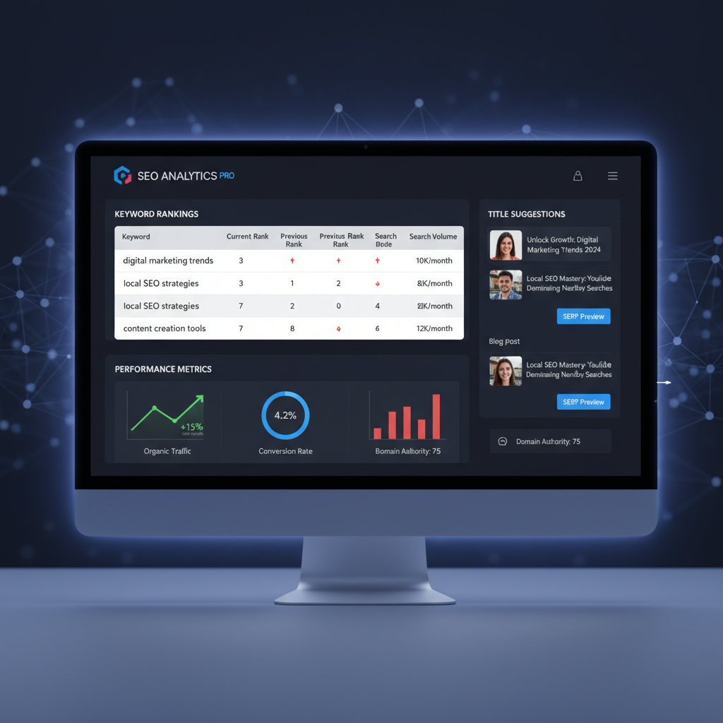 SEO analytics dashboard showing search rankings, Core Web Vitals, and performance metrics