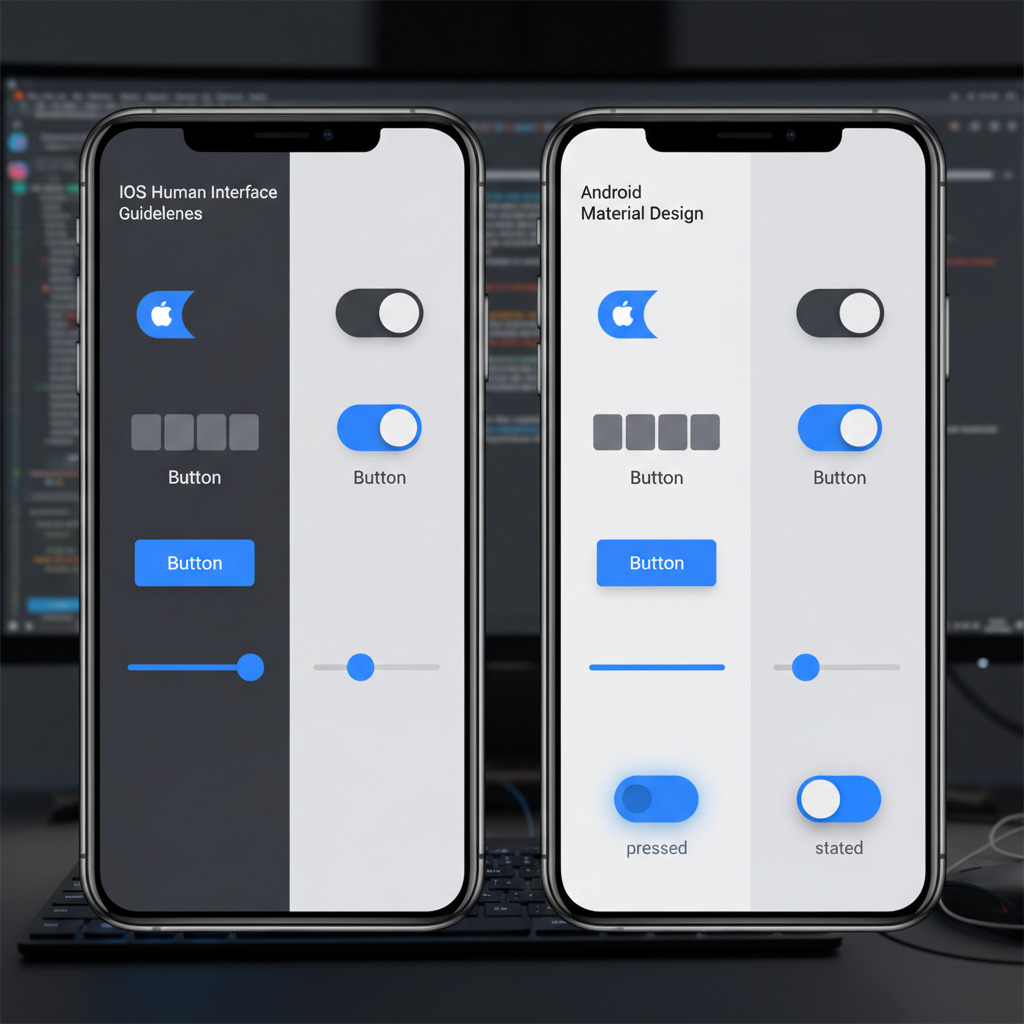 Modern mobile application interface showing iOS and Android app screens side by side