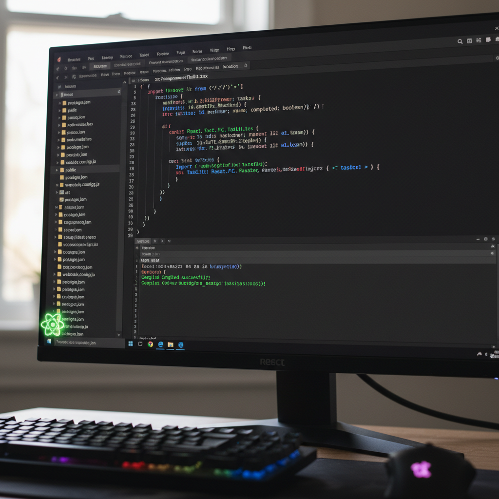 Modern web development environment showing code editor with React and TypeScript
